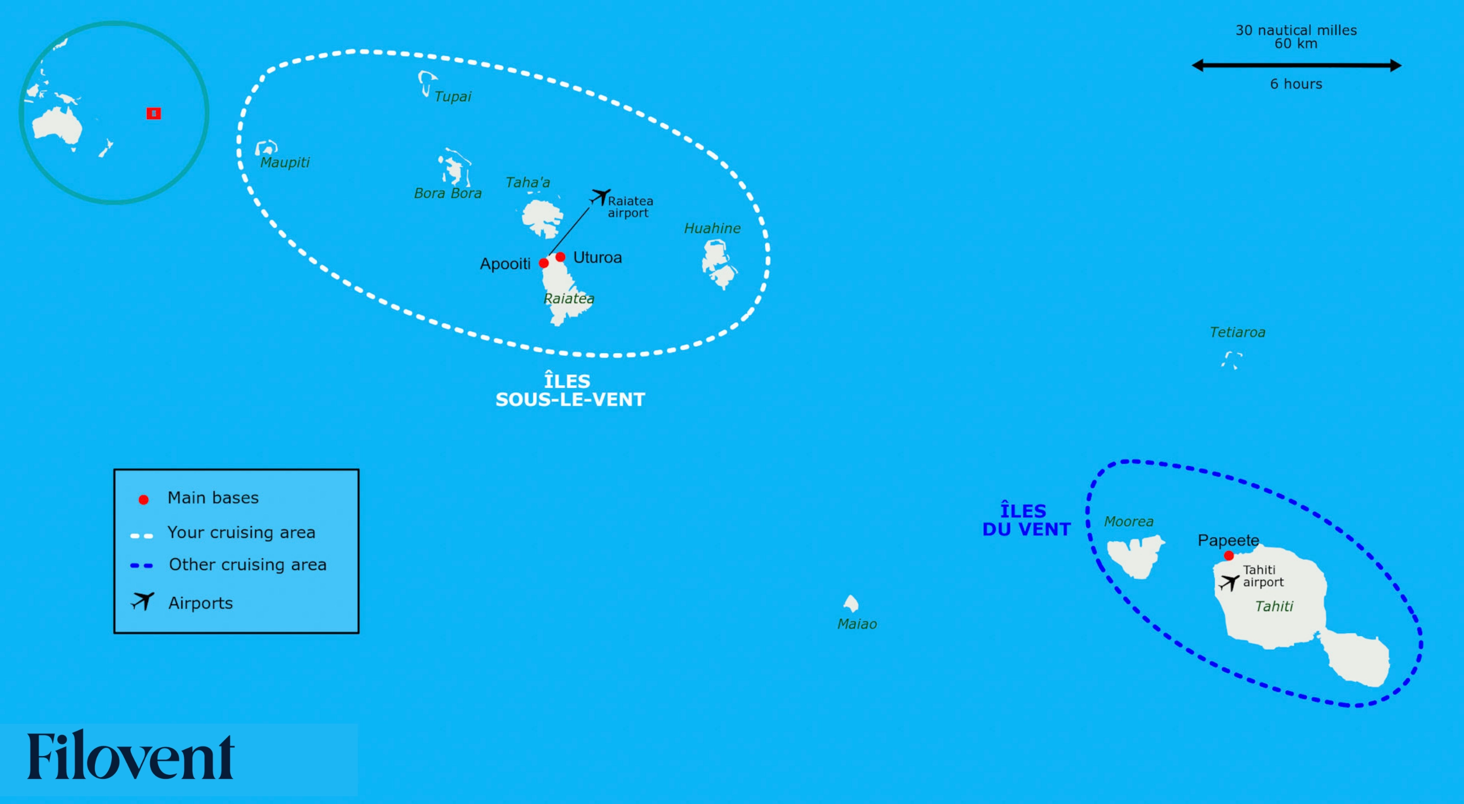 Karte der Segelreviere in Französisch-Polynesien: Gesellschaftsinseln zum Wind (Bora Bora, Taha'a, Raiatea, Huahine) und unter dem Wind (Tahiti, Moorea) mit Bootsvermietungsbasen